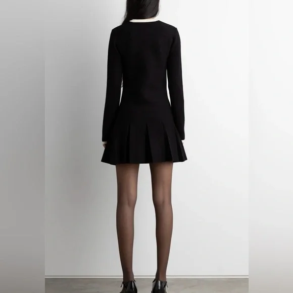 NWT OAK + FORT CONTRAST TRIM PLEATED MINI DRESS IN BLACK/CREAM COMBO - Picture 5 of 10